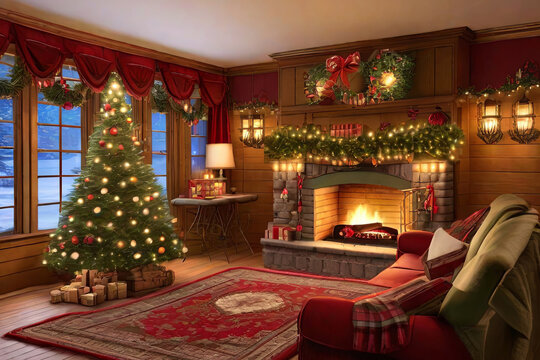 winter wonderland with a towering Christmas tree ornaments and crackling fireplace in a living room