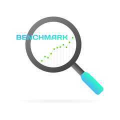 Benchmark icon. Flat, color, magnifying glass, benchmark chart inside the magnifying glass. Vector icon