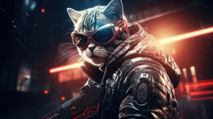 Cyberpunk Cat A Futuristic and Edgy Feline with AR Goggles and a Knife