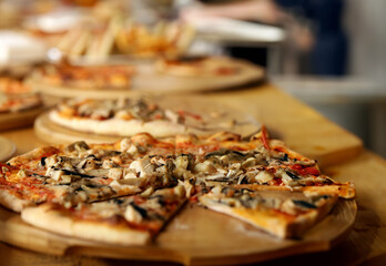 buffet table for a banquet, sandwich and pizza