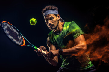 Man tennis player with tennis racket in his hand in action pose