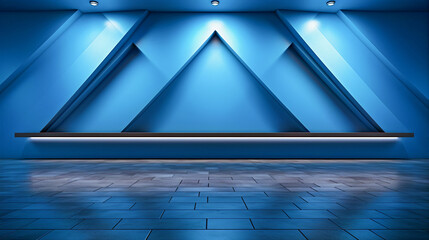Minimalistic blue background for presentation, advertising and product promotion. Blue wall with a geometric pattern and beautiful built-in lighting. Generative AI - obrazy, fototapety, plakaty
