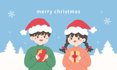 christmas banner boy and girl with snow