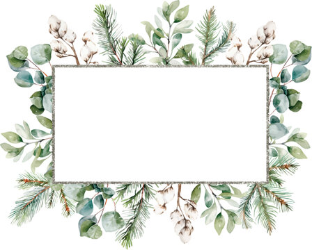 Watercolor Christmas Horizontal silver frame of fir, cotton, eucalyptus, spruce branches. Hand painted winter plants. Template space for text, message, sign for greeting cards, invitation, wedding