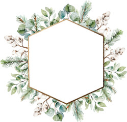 Watercolor Christmas frame with fir branches, leaves, pine, cotton eucalyptus. Winter greenery banner for christmas card. Hexagon golden border. greeting cards, invitation, celebration, wedding, party