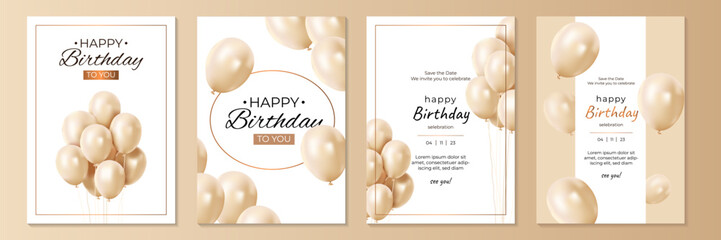 Fototapeta na wymiar Elegant beige realistic balloons Happy Birthday celebration card banner template. Set of festive cards for birthday party, anniversary or other events. Celebration, congratulations, invitation concept