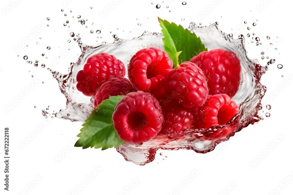 Poster Generative AI : Fresh raspberry in water splash isolated on white background.