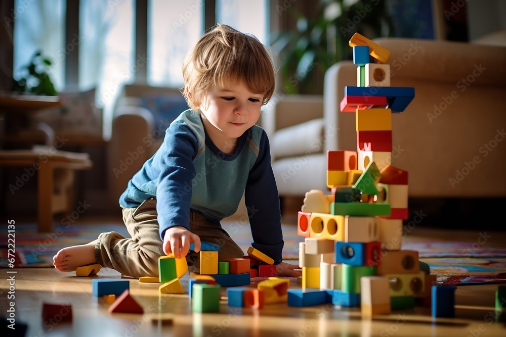 Aufkleber Generative AI : Kid playing with colorful toy blocks