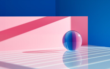Abstract minimalistic scene with glass sphere and geometric background. Ai generated image
