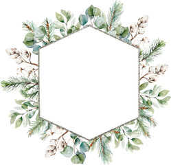 Watercolor silver Christmas frame with fir branches, leaves, pine, cotton. Winter greenery banner for christmas card. Greeting cards, invitation, celebration, wedding, party