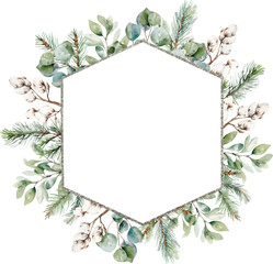 Naklejka premium Watercolor silver Christmas frame with fir branches, leaves, pine, cotton. Winter greenery banner for christmas card. Greeting cards, invitation, celebration, wedding, party