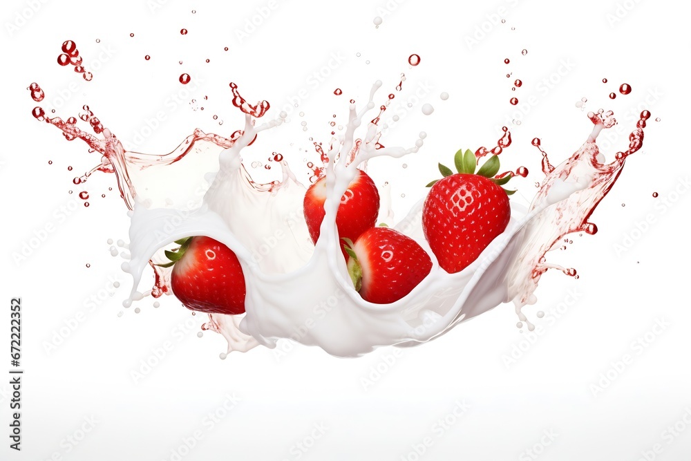 Poster Generative AI : Milk or yogurt splash with strawberries isolated on transparent and white background