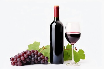 Obraz premium Generative AI : Red wine bottle with wine grapes isolated on white background.