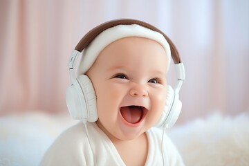 Generative AI : cheerful surprised baby 6 months old wearing headphones to listen to music - obrazy, fototapety, plakaty