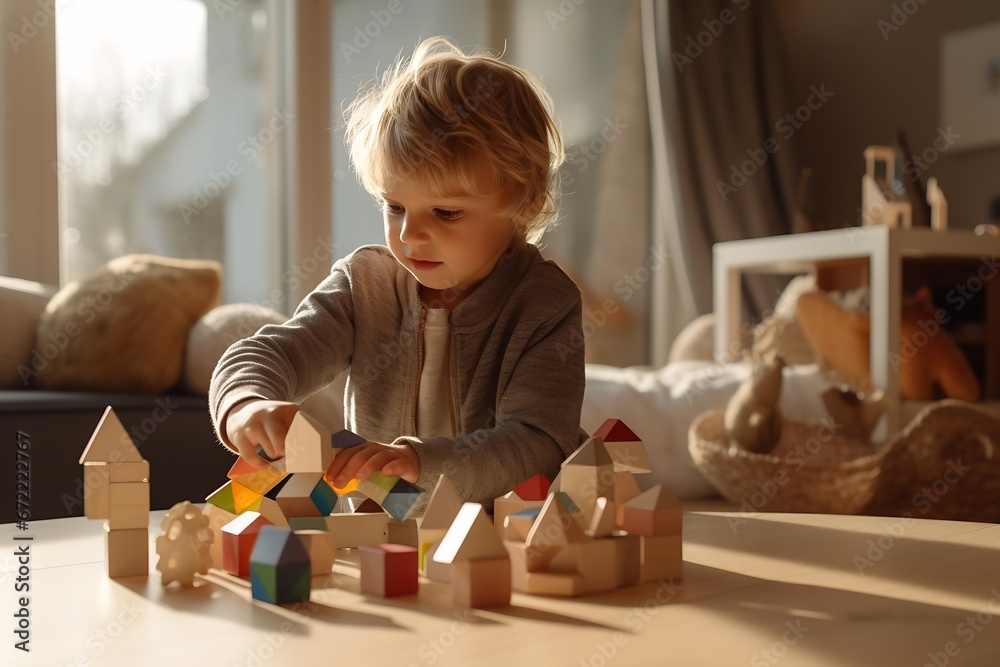 Aufkleber Generative AI : Kid playing with colorful toy blocks