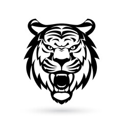 A monochrome pictogram of a roaring tiger head, depicting a logo sign emblem, on a white background