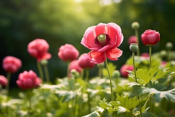 Generative AI : Close up image of opium poppy with blurred background - obrazy, fototapety, plakaty