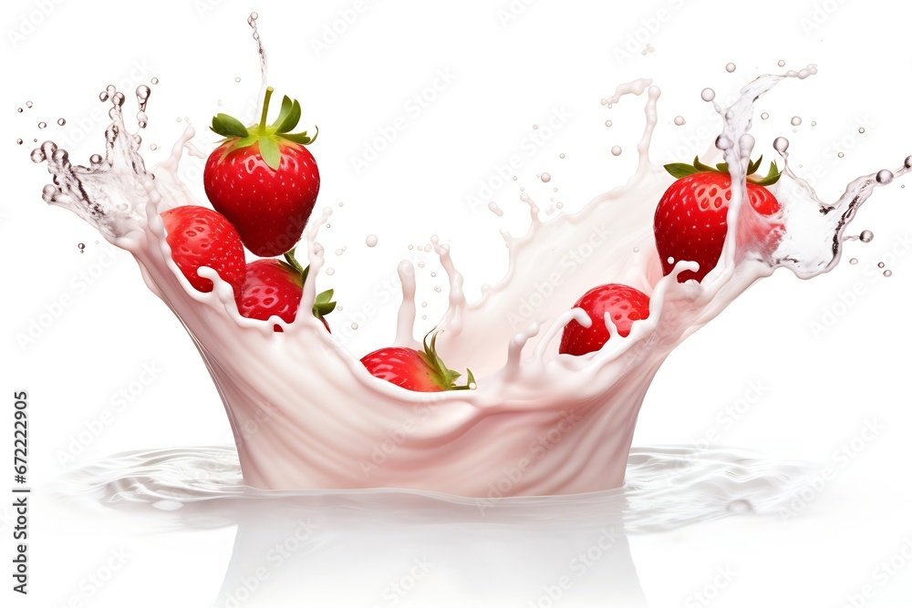Poster Generative AI : Milk or yogurt splash with strawberries isolated on transparent and white background