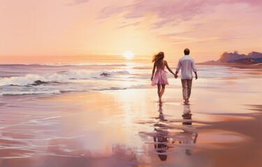 Fototapeta premium romantic couple on the beach at sunset.