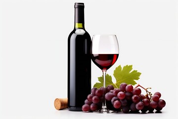Fototapeta premium Generative AI : Red wine bottle with wine grapes isolated on white background.