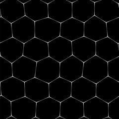 A black and white seamless vector pattern featuring a honeycomb motif in a mesh-like design on black