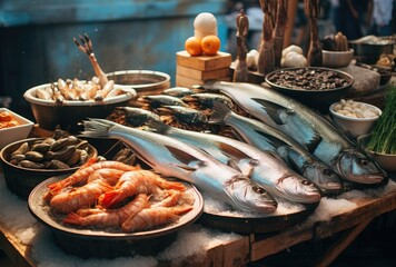 Different sorts of fresh fish on ice on counter at fish market