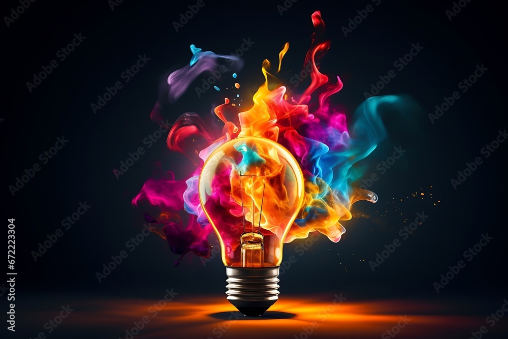 Poster Generative AI : Electric light bulb exploding with paint and glass
