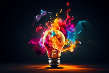 Generative AI : Electric light bulb exploding with paint and glass