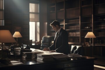 business man working in dimly lit office, movie villain vibes - obrazy, fototapety, plakaty