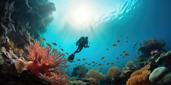Scuba diver swimming across colorful seascape with coral