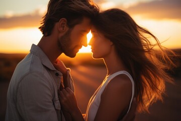 Young couple kissing in romance at sunset view - obrazy, fototapety, plakaty