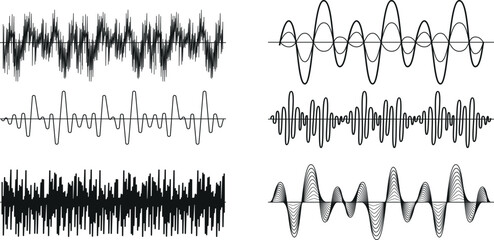 Black sound waves. Abstract music wave, radio signal frequency and digital voice visualisation. Tune equalizer vector set. Monochrome volume audio lines, soundwaves rhythm isolated on white background