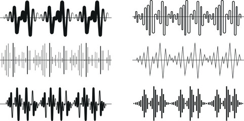 Black sound waves. Abstract music wave, radio signal frequency and digital voice visualisation. Tune equalizer vector set. Monochrome volume audio lines, soundwaves rhythm isolated on white background