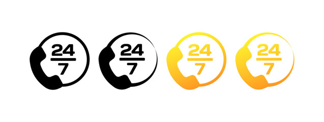 24/7 icons. Different styles, phone handset icon, 24/7 icons. Vector icons