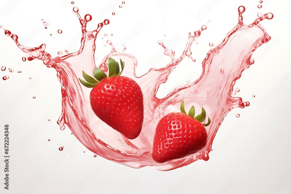 Poster Generative AI : Milk or yogurt splash with strawberries isolated on transparent and white background
