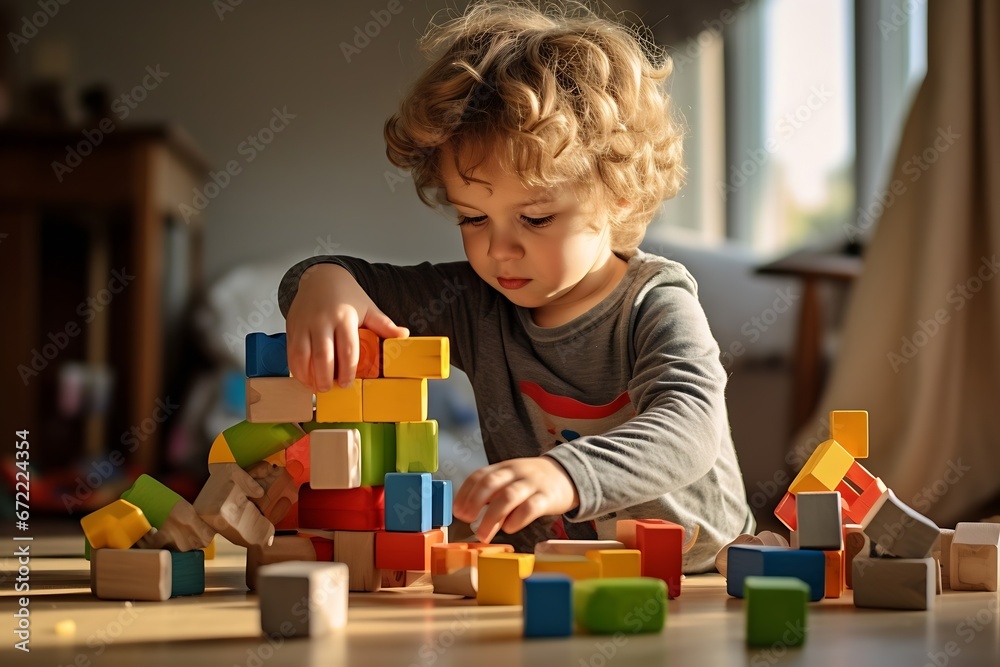 Aufkleber Generative AI : Kid playing with colorful toy blocks