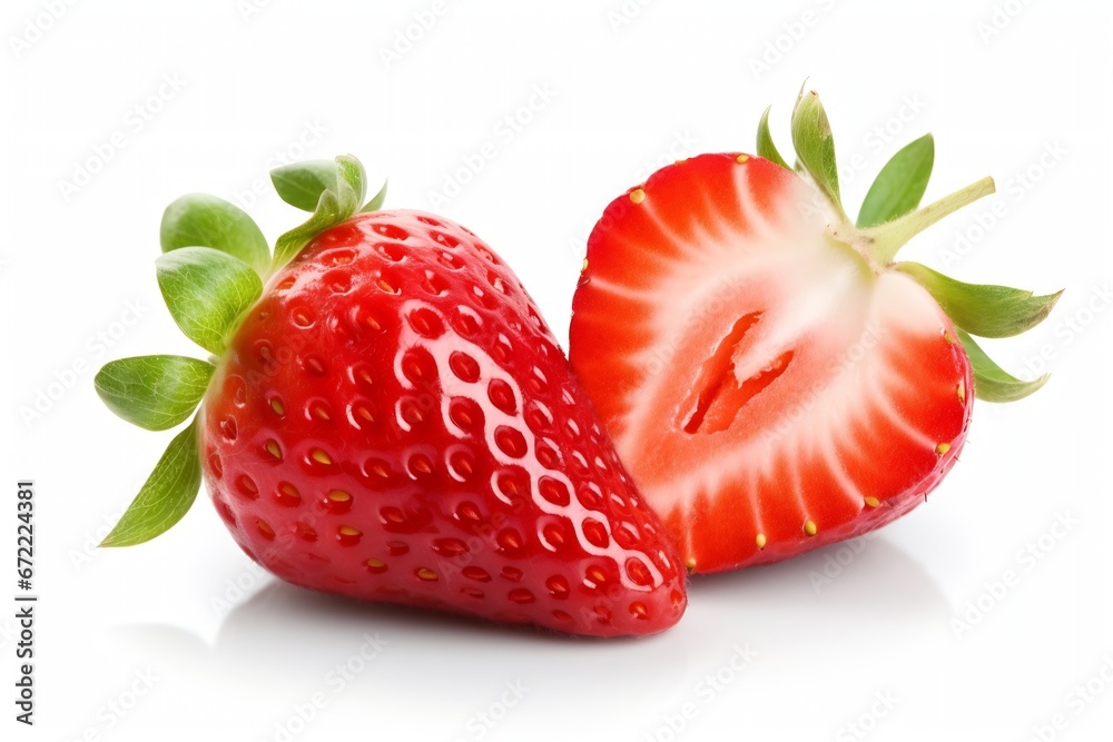 Poster generative ai : juicy strawberry with half sliced isolated on white background.