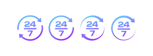 24/7 icons. Flat, purple, arrows in a circle, 24/7 icons. Vector icons
