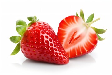 Generative AI : Juicy Strawberry with half sliced isolated on white background.