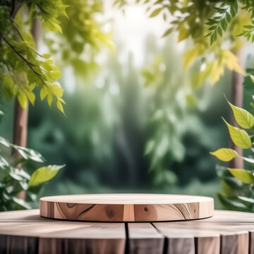 Wooden product display podium with green nature garden background, 3d rendering