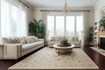 Beautiful and large family room interior with hardwood floors, fluffy rug, plants, curtains and designer furniture. Modern living room