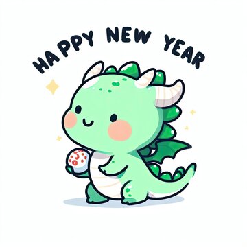 White background, cute green dragon, pinterest, funny, conteining words "Happy New Year"