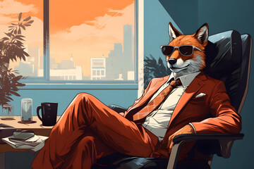 An elegant fox wearing business suit and sunglasses sitting on a chair at his desk in his work office. Concept of being crafty, cunning or sly at work - obrazy, fototapety, plakaty