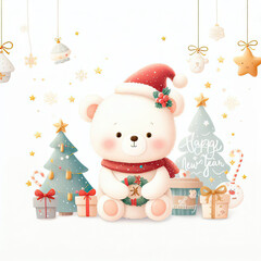 white background, christmas, bear cute, conteining words 