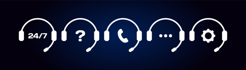 Support icons. Headphones with icons inside, 24/7, question mark, phone handset, three dots, gear. Vector icons