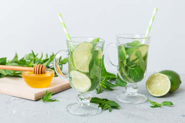 Mojito cocktail. Refreshing mojito cocktail with lime, lemon and mint in a tall glass with a stick
