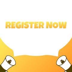 Register now sign. Flat, yellow, horn icons, register now sign. Vector icon