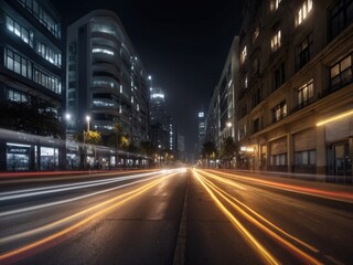 Naklejka na ściany i meble Blurred motion of city street illuminated buildings at night. AI Generative