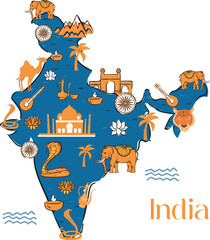 Map of India with icons. Traditional symbols of culture and architecture of India