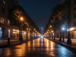 Fototapeta na wymiar Blurred motion of city street illuminated buildings at night. AI Generative